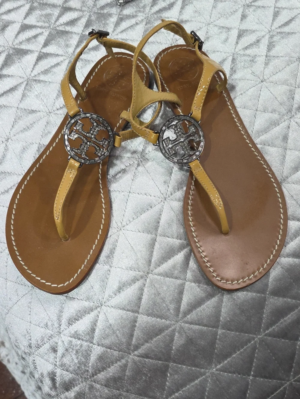 Tory Burch Yellow Leather T-Strap Sandals with Silver Logo Accent